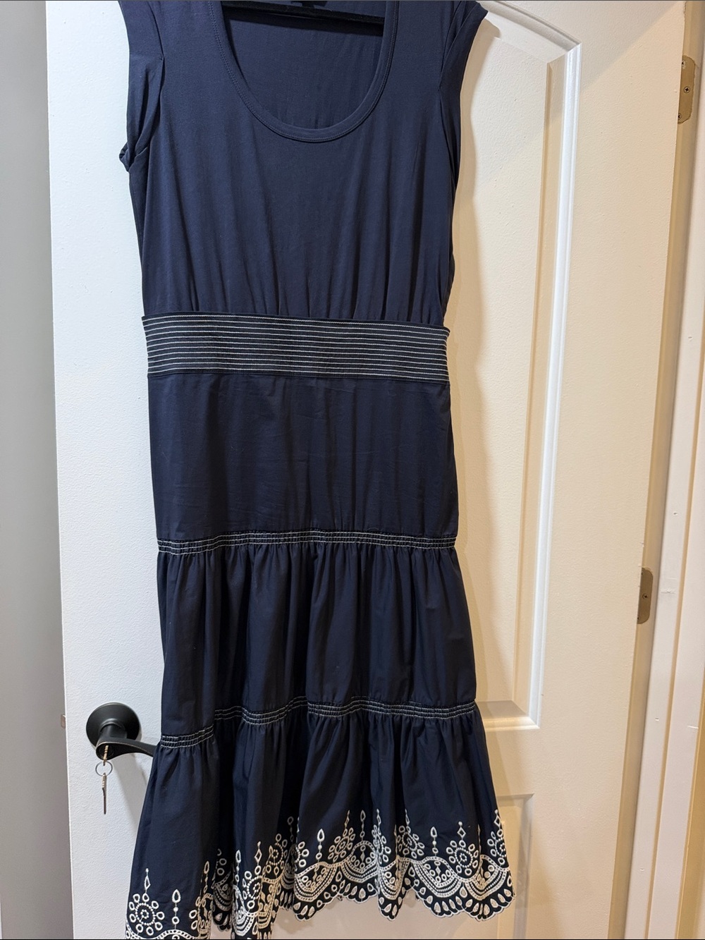 Veronica Beard mixed media Navy Sleeveless Tiered Dress with White Eyelet Hem
